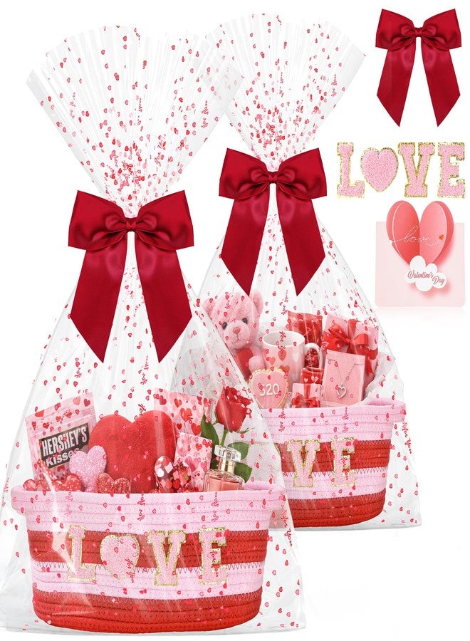 Vynium 2 Set Valentine Day Woven Gift Basket Empty, Red Small Woven Basket Gift Set with Bow, Greeting Card, Heart Tissue Paper, 12''x 8''x 5'' Red Gift Basket with Handles for Wedding Birthday Home Decor - Image 1